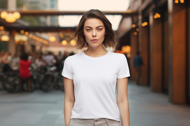 Красивая молодая девушка в простой белой макетной футболке позирует на фоне пустынной городской улицы
