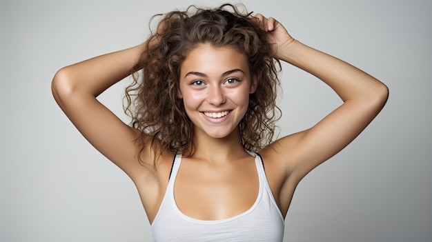 a young beautiful girl smiling sweetly wearing a white tshirt on a white background