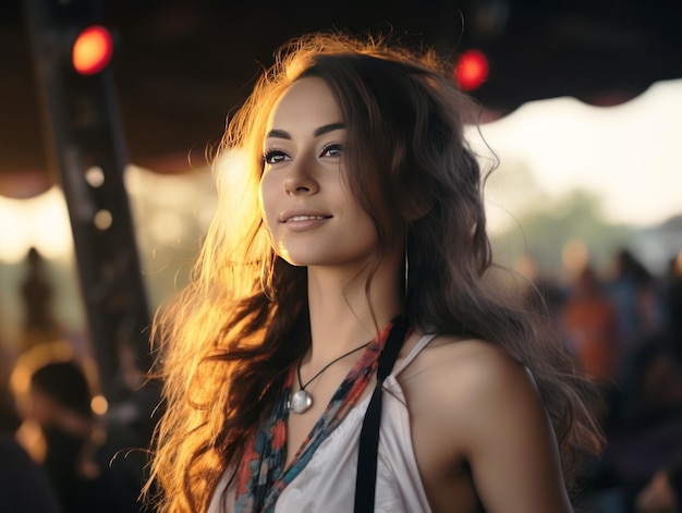 Young beautiful girl in the stands of a music festival