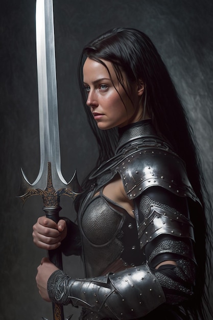 Photo young beautiful girl warrior in medieval fantasy armor with sword on gray neutral background ai generated content