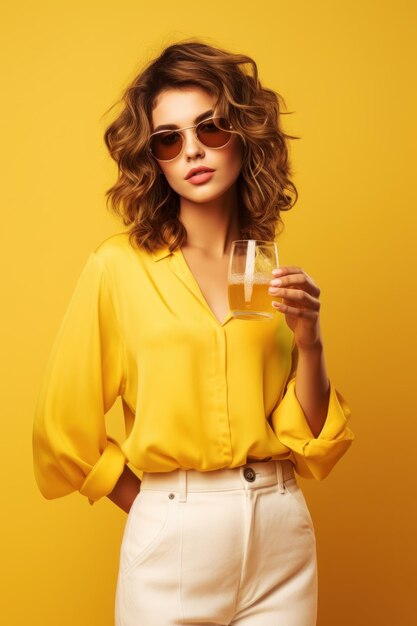 Young beautiful girl wearing stylish retro clothes with sunglasses holding glass of beer