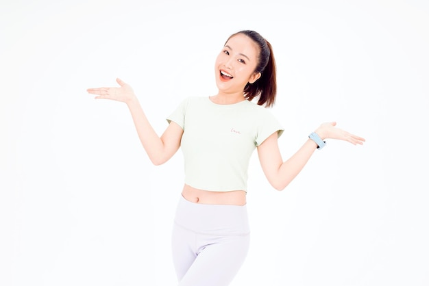 Young beautiful girl wearing yoga exercise casual clothes pointing finger up with successful idea exited and happy expression Finger gesture lady over isolated background