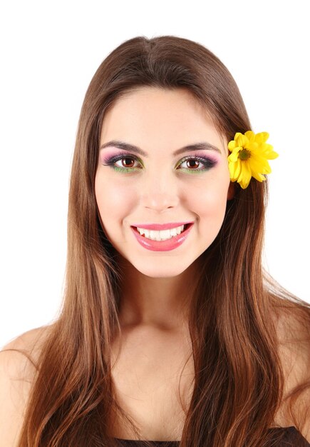 Premium Photo Young Beautiful Girl With Flower In Her Hair Isolated On White