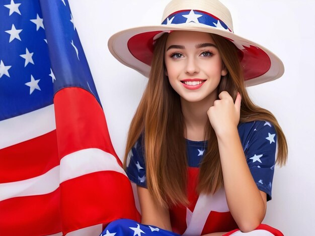 Young beautiful girl with USA fla patriotic American background