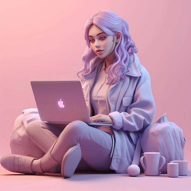 파스텔 색상의 노트북 3D 일러스트레이션에서 열심히 일하는 아름다운 소녀