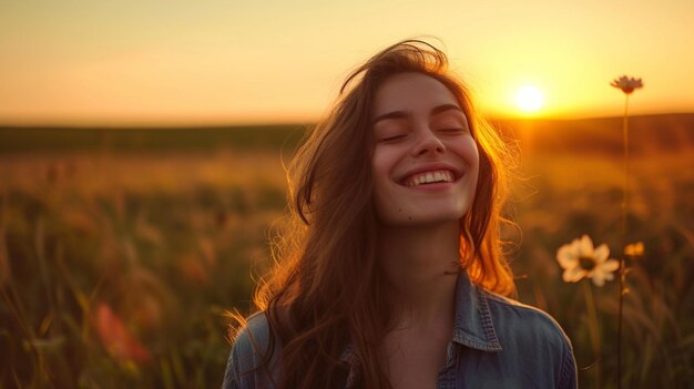 young beautiful happy girl in wheat field in sunset summer vacation