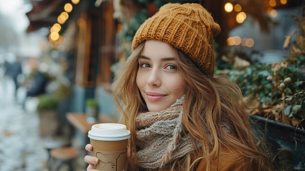 Photo young beautiful happy woman with long curly hair enjoying cappuccino in a street cafe