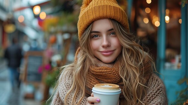 Young beautiful happy woman with long curly hair enjoying cappuccino in a street cafe