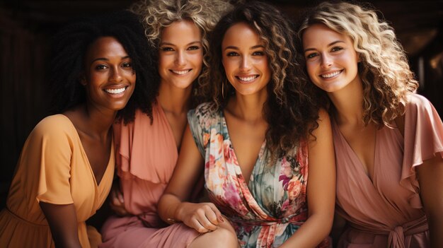 young beautiful happy women in stylish dresses