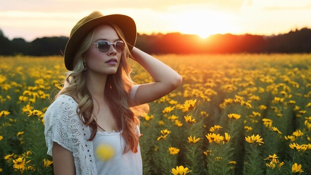 Photo young beautiful hipster woman in a flower field at sunset freed