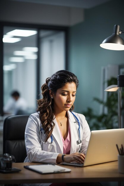 A young beautiful Hispanic woman doctor sits at her desk in the clinic with laptop