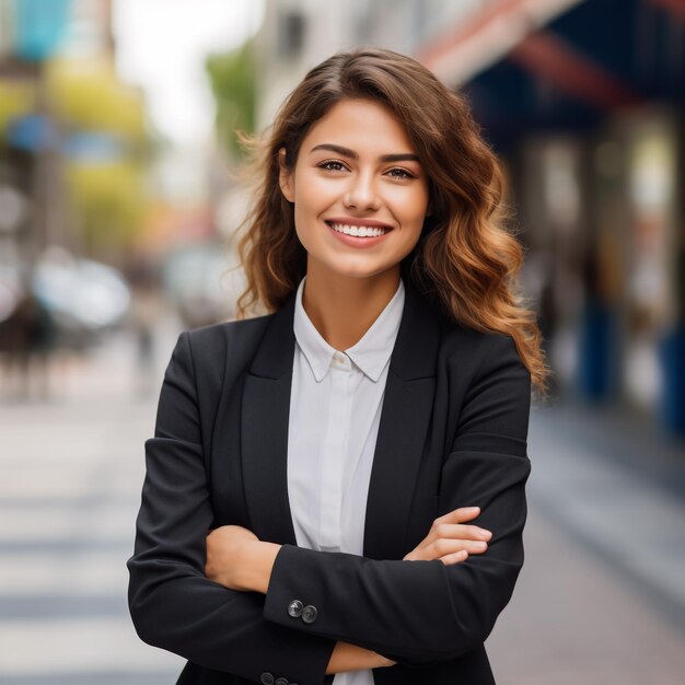 Young beautiful hispanic woman standing with arms crossed gesture at street