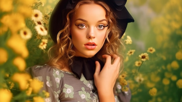 Young beautiful indian girl in retro dress in the garden generative ai