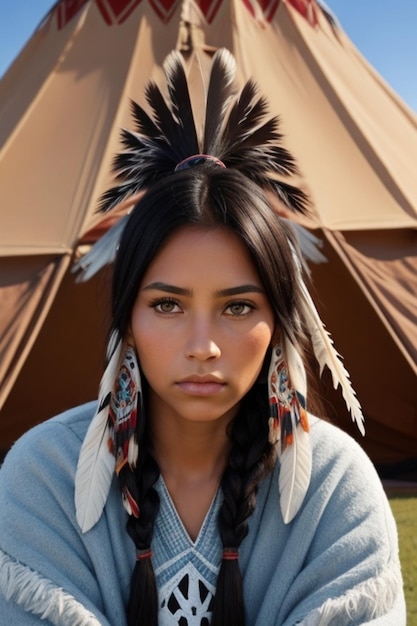 Young beautiful Indian Native American woman in traditional clothing