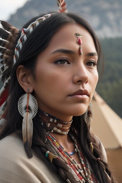 Young beautiful Indian Native American woman in traditional clothing