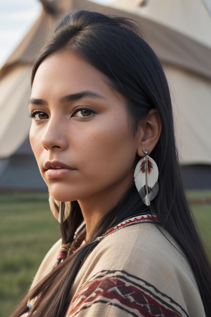 Foto giovane bella donna indiana dei nativi americani in abiti tradizionali