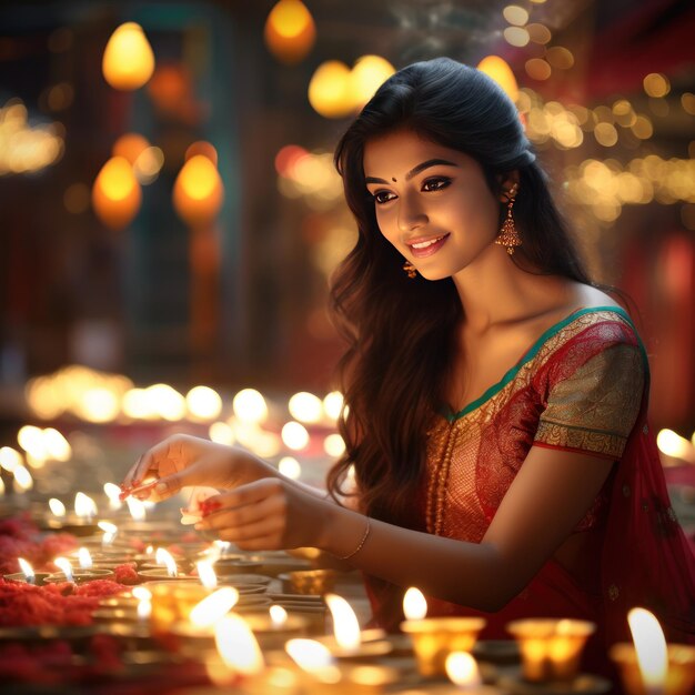 Young and beautiful indian woman celebrating diwali festival