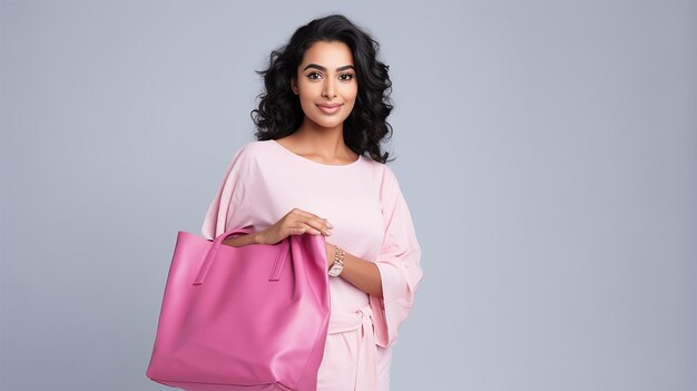 Photo a young and beautiful indian woman model in a pink dress and standing with a bag looks forwards