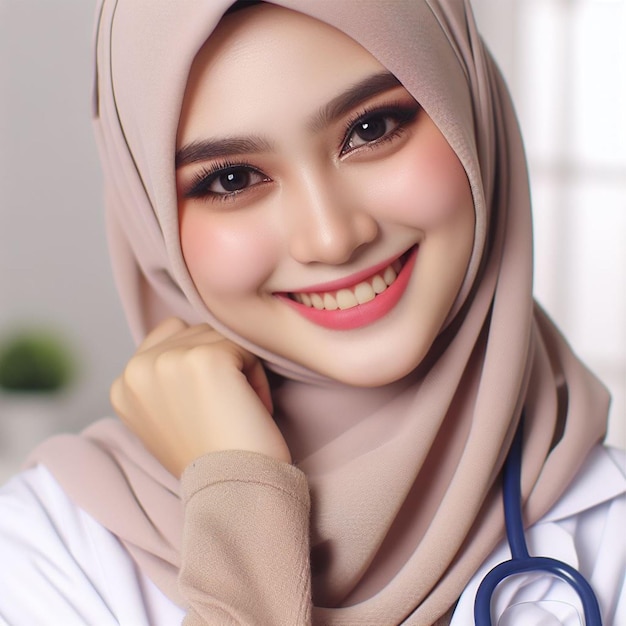 ヒジャブを着て甘く微笑む美しい若い日本の医師