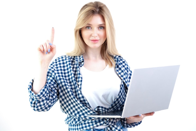 Young beautiful  lady in casual shirt holding notebook, pointing up finger