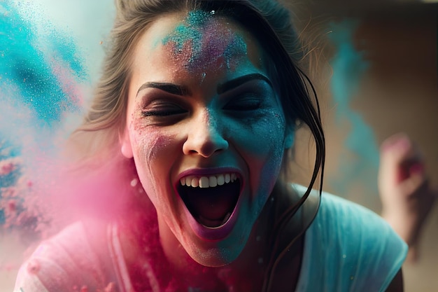 Young beautiful laughing girl under explosion of colored powder at Holi colors paints party Pink blue yellow colors White background Color powder Multicolored glitter explosion