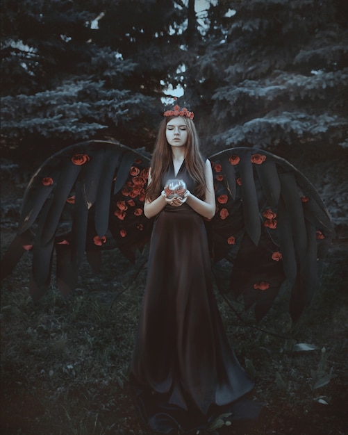 Young beautiful model in a black dress with black wings