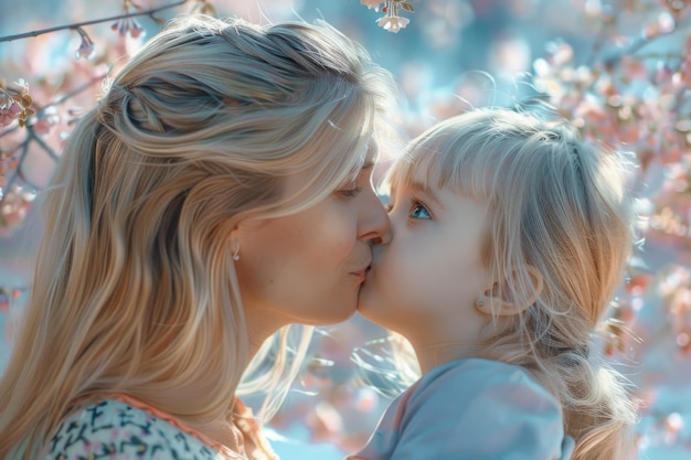 Фото Молодая красивая мать целует свою маленькую блондинку во время прогулки на открытом воздухе