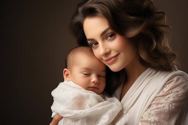 Young beautiful mother lovingly cradles her sleeping infant in a warm embrace mothers day concept