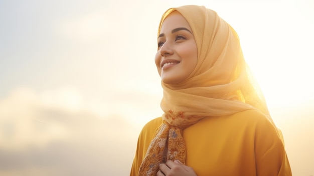 Foto la giovane bella donna musulmana sorride e sta in piedi all'aperto alla luce del sole