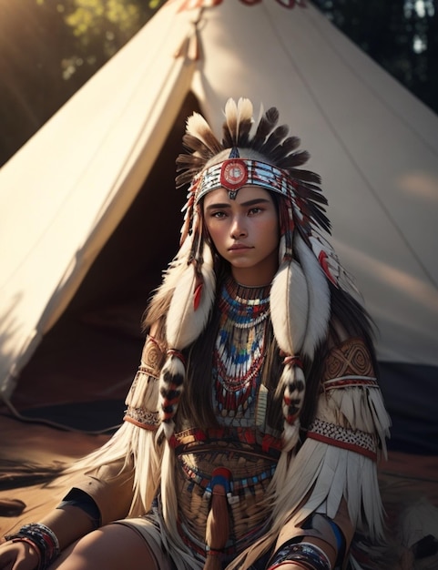 Young beautiful Native American woman in traditional costume