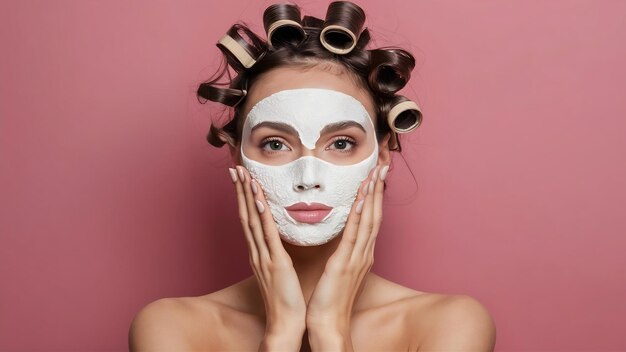 Young beautiful nude woman in hair curlers covering face with mack facial treatment