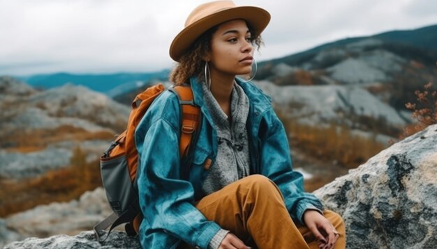 山の中の美しい物思いにふける少女