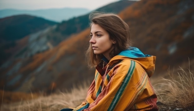 Young beautiful pensive girl in the mountains