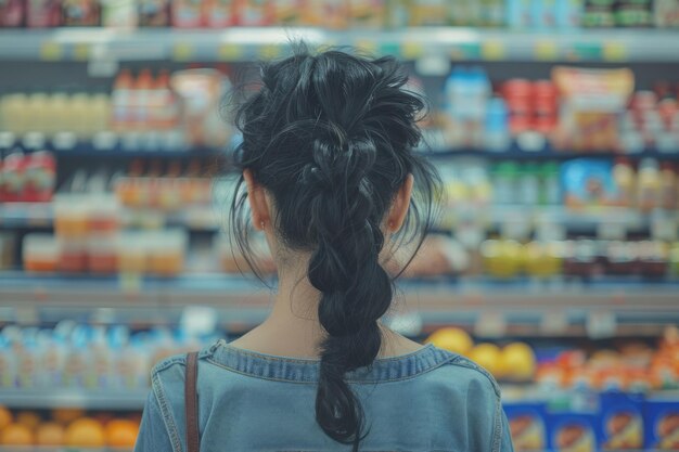 Photo young beautiful person deciding on groceries choosing food in convenience store organic meal healthy