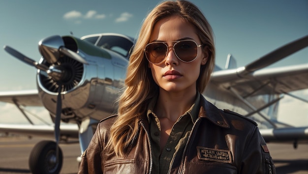 Young beautiful Pilot Girl Infront of a Plane