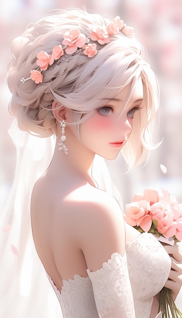 흰색 레이스 드레스를 입은 젊고 아름다운 신부 초상화 만화 및 행복 테마 Ai 생성