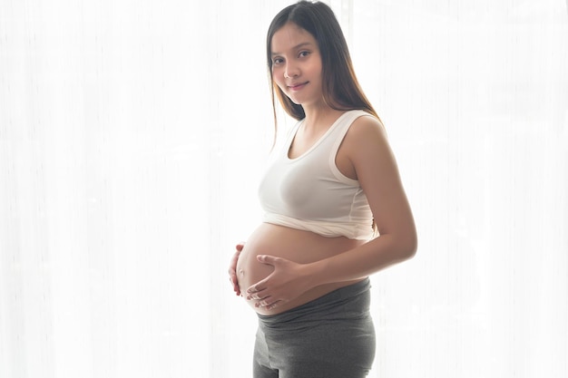 Young beautiful pregnant woman at home maternity and pregnancy care concept