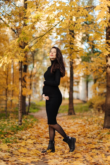 가을 초원에 포즈를 취하는 검은 꽉 드레스에 검은 머리를 가진 젊은 아름 다운 임산부