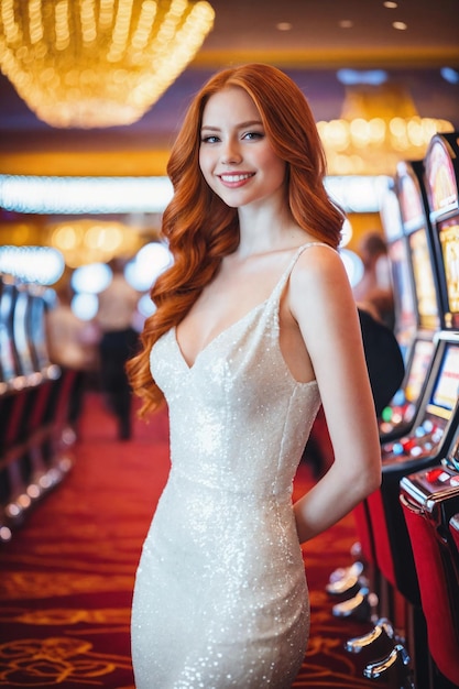 Photo young beautiful red hair woman in white dress smiling happy around lots of slot machine at casino