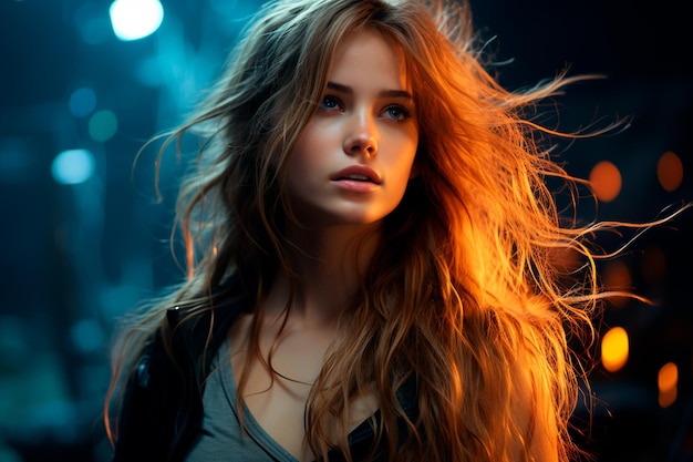 young beautiful redhead woman with long brown hair in a black coat