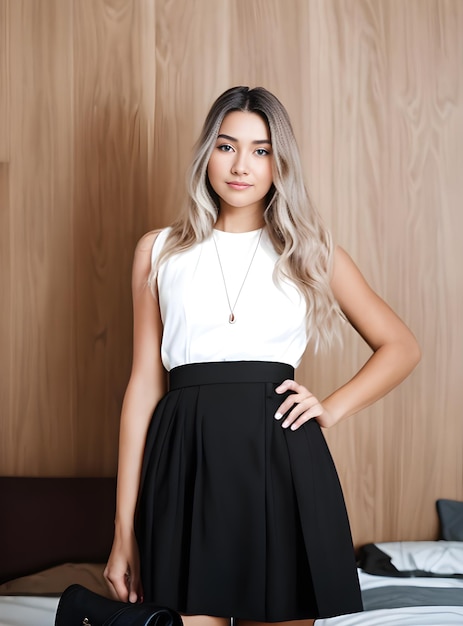 A young beautiful silver haired woman in a white tshirt and black mini skirt with a bag