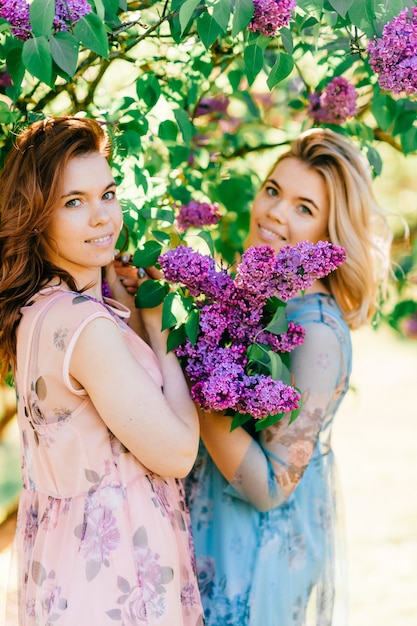 Young and beautiful sisters posing in sunny park