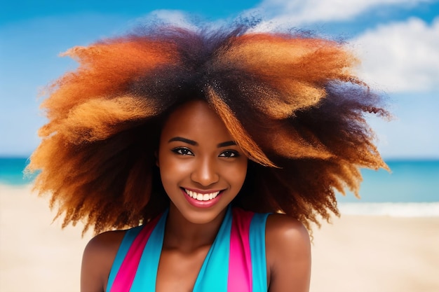 A young beautiful smiling african american girl with brown hair stands on the sea beach against the backdrop of ocean waves The wind blows the hairstyle Generative AI