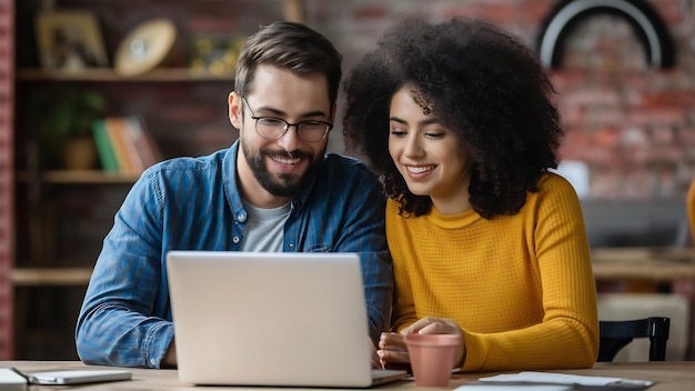 Young beautiful smiling couple looking at laptop isolated