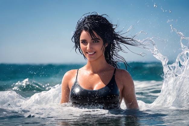 A young beautiful smiling girl in a dark swimsuit with black hair is standing on the beach among the sea waves up to her chest in the water The wind blows the hairstyle Generative AI