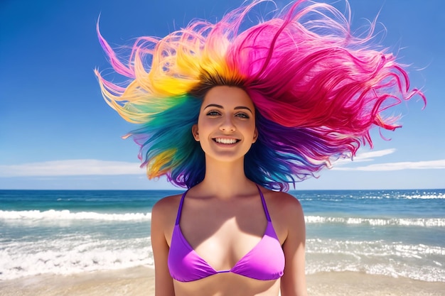 A young beautiful smiling girl in a purple swimsuit with rainbow hair stands on the sea beach against the backdrop of ocean waves the wind blows the hairstyle generative ai