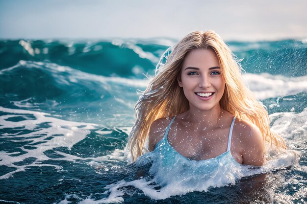 색 수영복을 입고 금발 머리카락을 가진 아름다운 미소 짓는 젊은 소녀가 바다의 파도들 사이에서 해변에 서 있습니다.