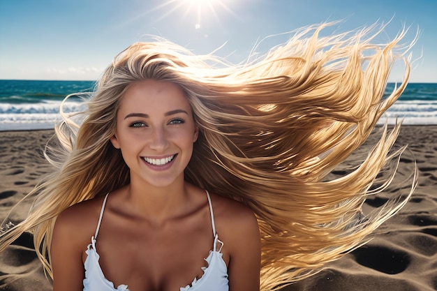 A young beautiful smiling girl in a white swimsuit with blonde hair stands on the sea beach against the backdrop of ocean waves The wind blows the hairstyle Generative AI