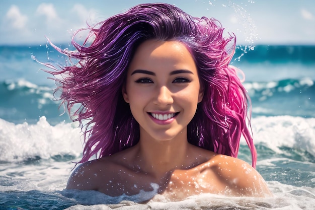 A young beautiful smiling girl with purple hair is standing on the beach among the sea waves up to her chest in the water The wind blows the hairstyle Generative AI