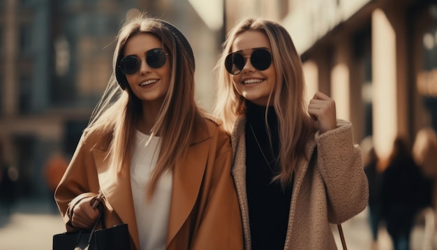 Young beautiful smiling girls after successful shopping